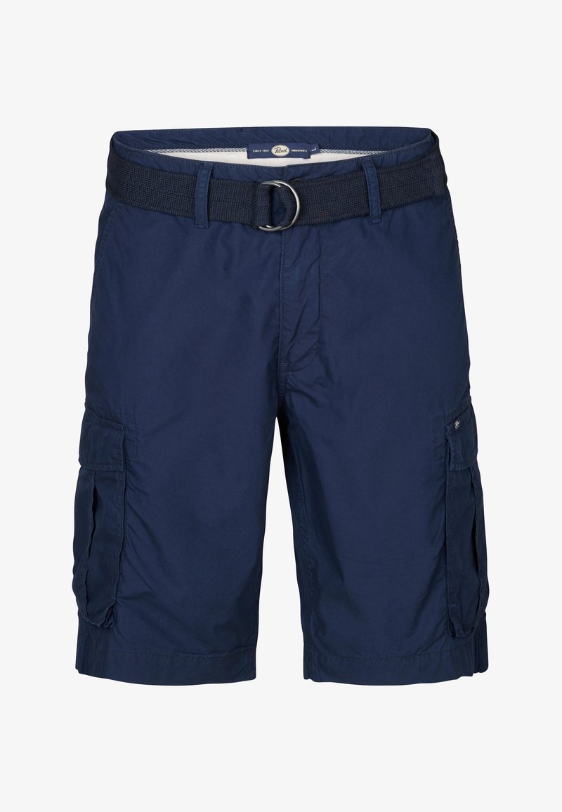 Marineblauwe cargoshorts van lichtgewicht stof, met een brede tailleband met riem, twee zijzakken en gestikte accenten.