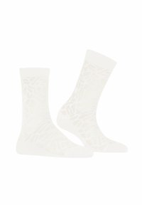Weiße Baumwollknöchelsocken mit einem strukturierten Muster aus abstrakten Formen. Die Bündchen sind einfarbig und sitzen über dem Knöchel.