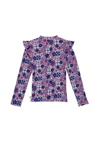 Top cu mânecă lungă din țesătură purpurie cu un model floral, având accente franjurate la umeri și un design ajustat.