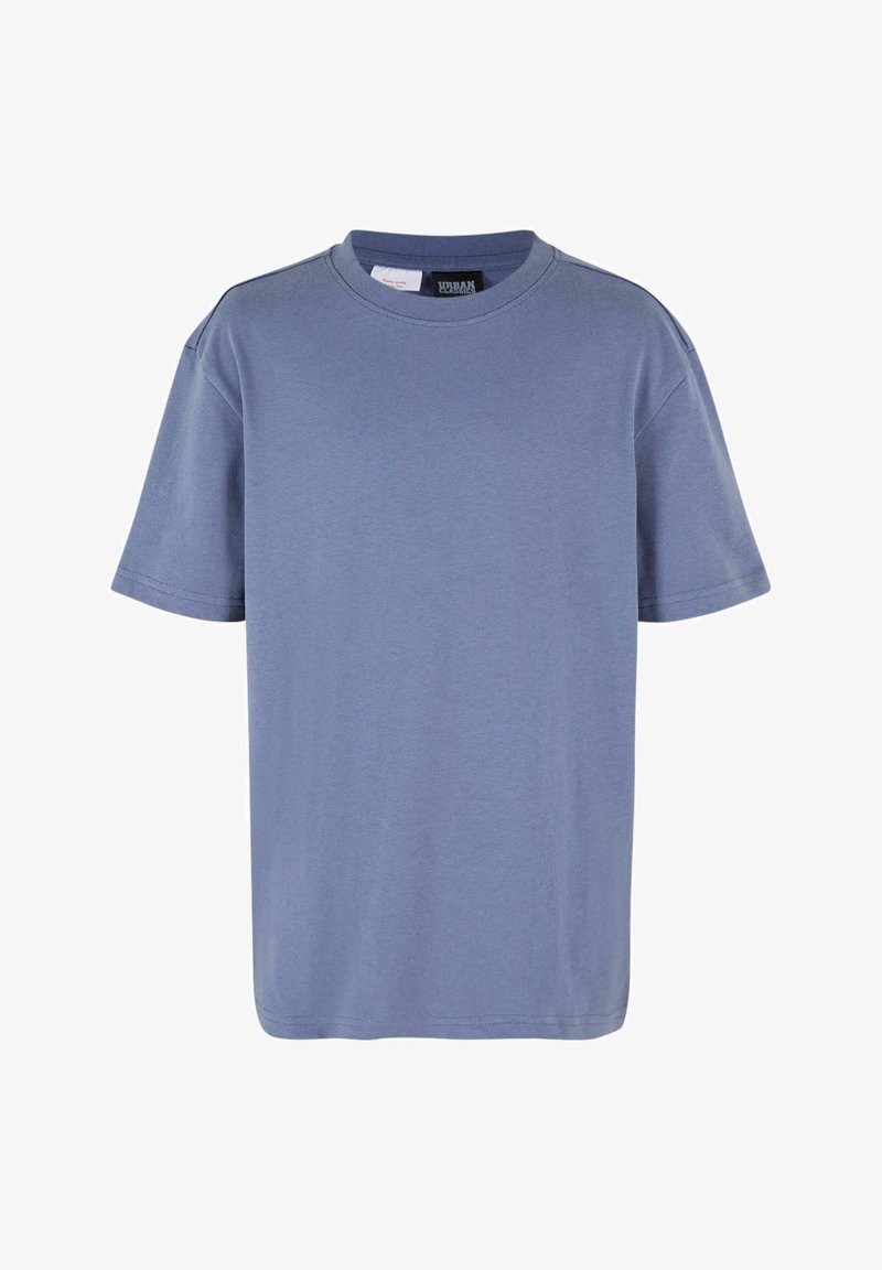 Šortirādas piedurkņu T-krekls gaismas zila kokvilna, ar apaļu apkakli un taisnu apakšmalu. Gluda tekstūra ar minimāliem šuvju detaļām.