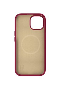 Rød telefondeksel med matt finish, med en transparent beige innside og et sirkulært mønster for magnetisk festing.