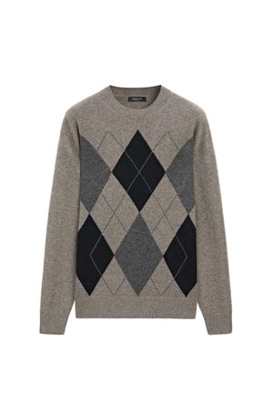 Grijze wollen trui met een ruitpatroon in zwart, donkergrijs en lichtgrijs. Ronde hals met geribbelde mouwen en zoom. Klassieke pasvorm.