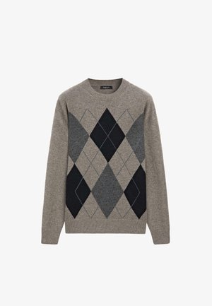 Maglione di lana grigia con motivo a rombi in nero, grigio scuro e grigio chiaro. Girocollo con polsini e orlo a coste. Vestibilità classica.