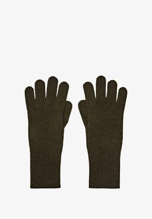 Gebreide handschoenen in donkergroen, met aparte vingers en ribbelmanchetten voor een snug fit. De textuur is zacht en warm.