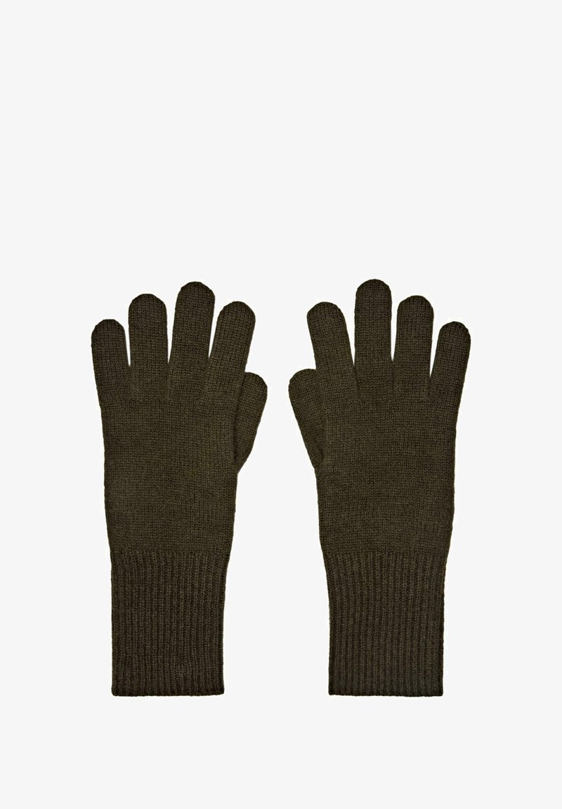 Gestrickte Handschuhe in dunklem Olivgrün, mit einzelnen Fingern und gerippten Bündchen für einen sicheren Sitz. Die Textur ist weich und warm.