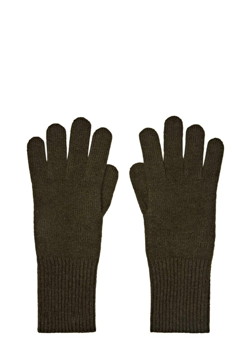 Gestrickte Handschuhe in dunklem Olivgrün, mit einzelnen Fingern und gerippten Bündchen für einen sicheren Sitz. Die Textur ist weich und warm.