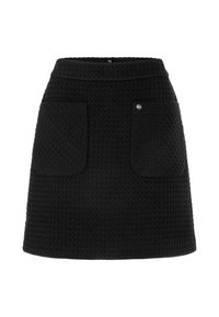 Black textured skirt featuring a high waist, two front pockets, and a small metallic accent. Constructed from a woven material.