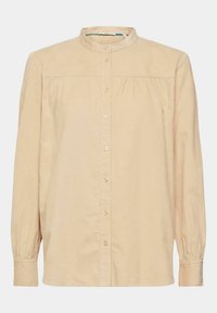 Chemise beige à manches longues, avec col mandarin et détail de plissage sur le dos, fabriquée en tissu texturé doux.