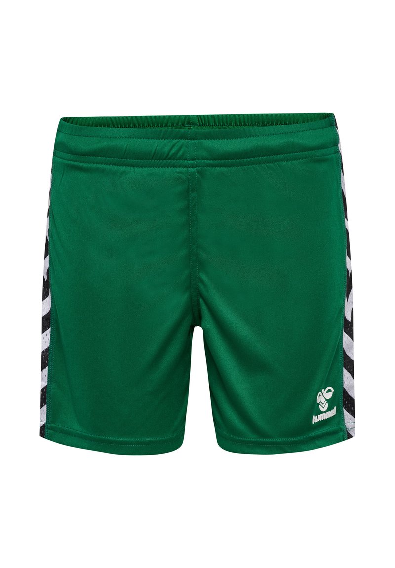 Gröna sportshorts i slätt tyg, med en bred elastisk midja, svartvita detaljer på sidorna och logotypdetalj.