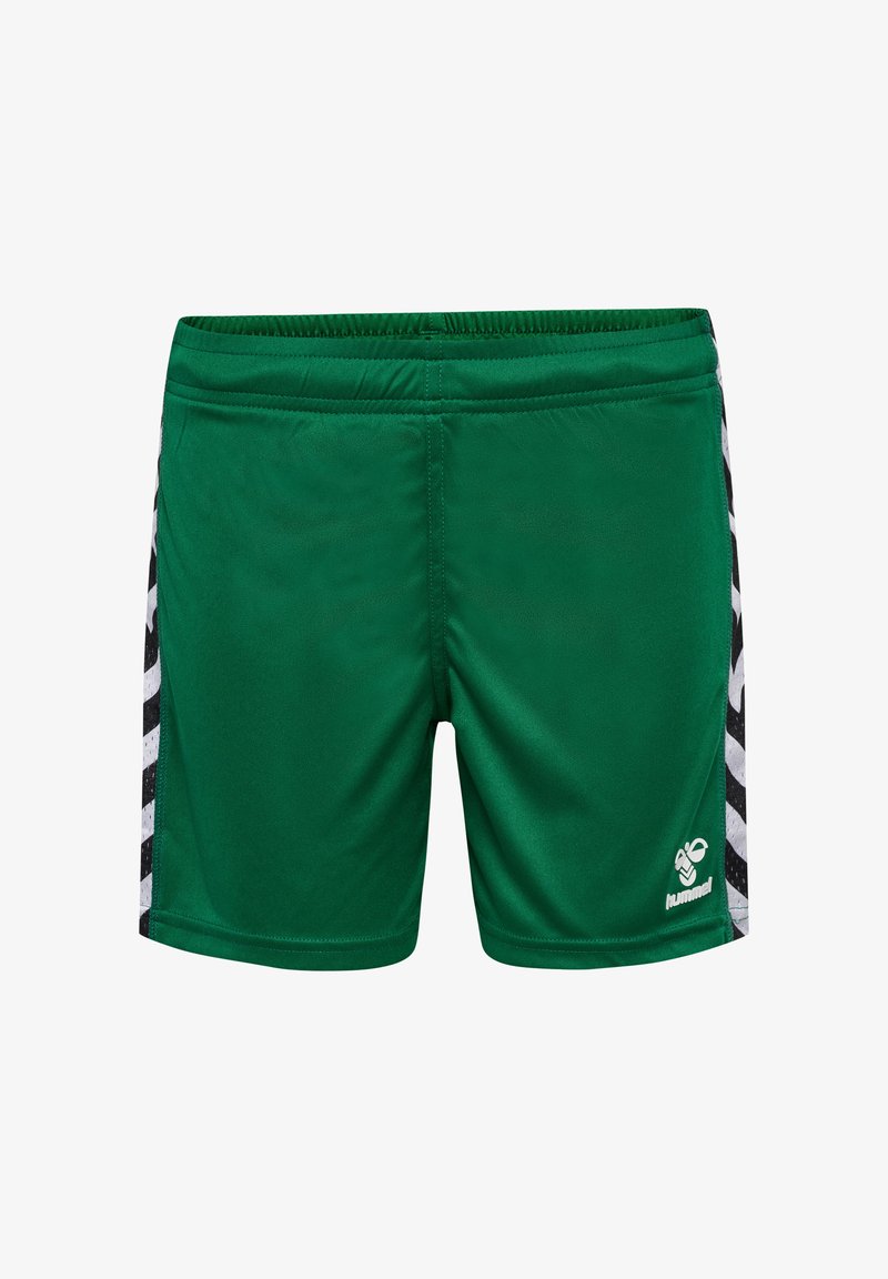 Groene sportshorts van gladde stof, met een brede elastische tailleband, zwarte en witte accentstrepen aan de zijkanten en logo-detail.