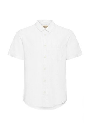 Cămașă albă cu mânecă scurtă din material ușor, cu guler cu nasturi și buzunar pe partea stângă a pieptului. Textură netedă, design casual.