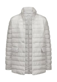 Leichte, isolierte Jacke aus gequiltetem, glänzend silbernem Stoff. Verfügt über einen Stehkragen, Fronttaschen und einen Knopfverschluss.