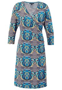 Wrap dress in turquoise, featuring a patterned design with yellow and red accents, and three-quarter sleeves. Smooth fabric with a V-neckline.