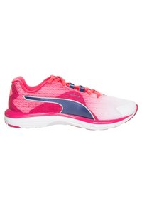 Scarpa da corsa rosa e bianca con tomaia in rete, accenti blu navy e suola ammortizzata. Caratterizzata da lacci brillanti e design leggero.