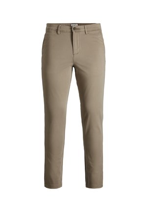 Pantalon en coton kaki avec une coupe slim, doté d'une fermeture à bouton, de passants de ceinture et d'une texture lisse. Pas de motifs ou d'accents visibles.