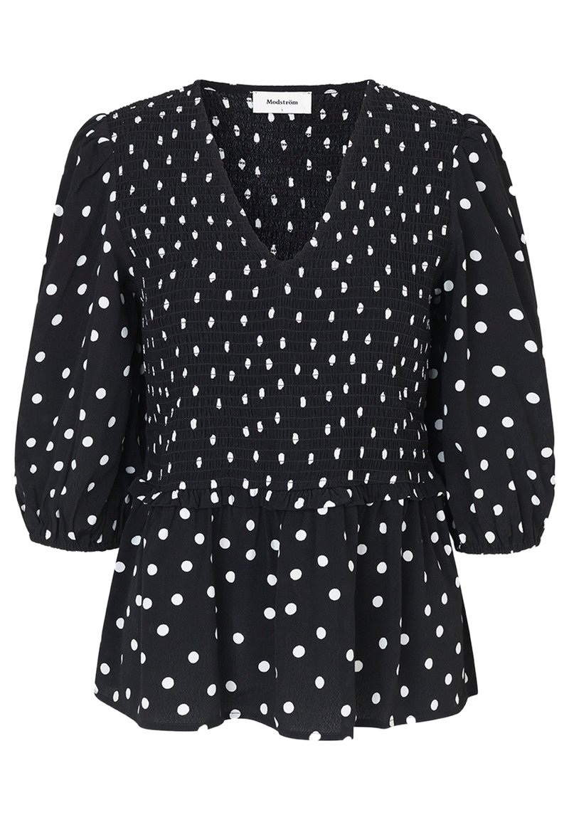 Schwarze Bluse mit weißen Polka-Punkten, mit V-Ausschnitt, gerafftem Oberteil und Puffärmeln. Ausgestellt geschnitten mit texturierten Stoffdetails.