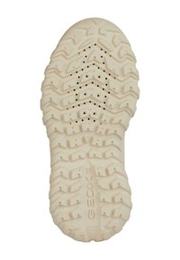 Suela de zapato de goma blanca con un patrón de relieve texturizado, que presenta surcos profundos y perforaciones. "GEOX" y "PATENTE ITALIANA" grabados en el lateral.