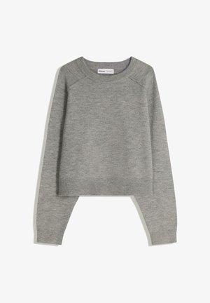 Szürke rövidített pulóver kerek nyakkal, hosszú raglán ujjakkal, bordázott mandzsettákkal és szegéllyel, valamint puha tapintású anyagból. Mintázat vagy egyéb részletek nem láthatók.