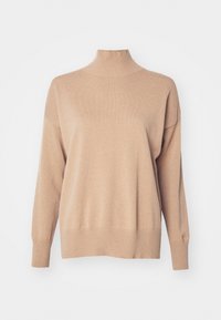 Pull à col roulé beige clair, tissu tricoté, coupe ample, col et ourlet côtelés, manches longues, texture douce, design minimaliste.