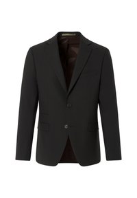 Schwarzer Blazer aus glattem Stoff. Er zeichnet sich durch ein einreihiges Design mit zwei Knöpfen, Reverskragen und zwei vorderen Taschen aus.