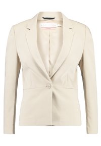 Blazer beige à bouton unique pour femmes, avec des revers crantés et des manches longues, coupe ajustée et texture de tissu lisse.