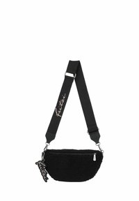 Borsa a tracolla nera in pile con forma curvata, hardware in argento, tracolla regolabile e un accento del logo rosa sulla tracolla.