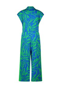 Combinaison bleue avec motif de feuilles vertes, col polo, manches courtes et coupe large, avec une taille cintrée pour un look structuré.