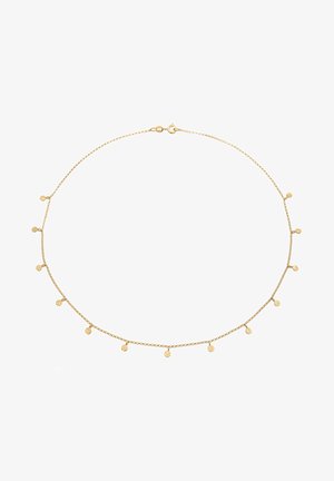 Guldkæde med en delikat kæde, der har små, cirkulære vedhæng jævnt fordelt langs længden, og som reflekterer en poleret overflade.