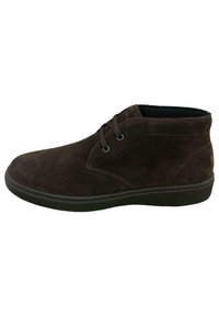 Stivali alla caviglia in suede marrone con punta arrotondata, due asole per i lacci e suola in gomma nera. Texture liscia e design semplice.