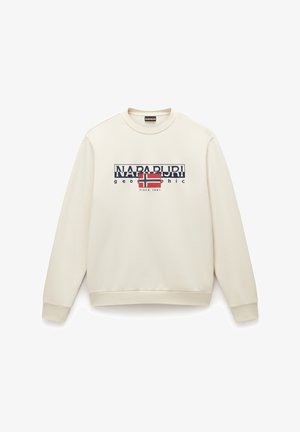 Cream sweatshirt with round neck, long sleeves, featuring a text logo and Norwegian flag design in red, blue, and white. Soft fabric texture.