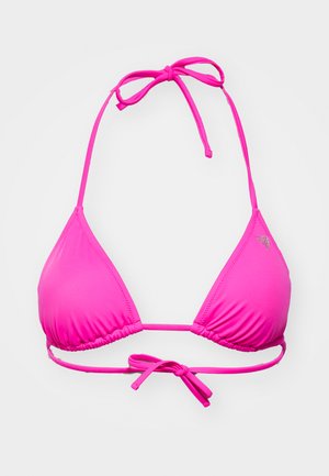 Różowy stanik bikini z trójkątnym wzorem, regulowanymi wiązaniami na szyi i plecach oraz marszczonym wykończeniem na brzegach.