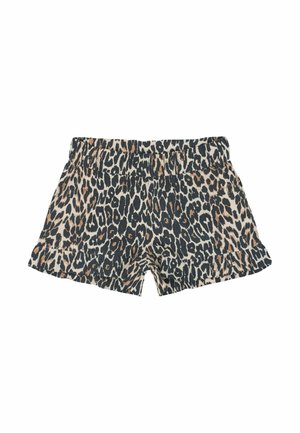 Leopardenmuster-Shorts in Beige-, Schwarz- und Brauntönen. Mit elastischem Bund und gerafftem Saum. Aus Baumwollmaterial.