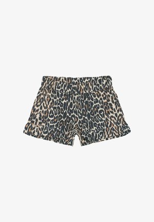 Leopardenmuster-Shorts in Beige-, Schwarz- und Brauntönen. Mit elastischem Bund und gerafftem Saum. Aus Baumwollmaterial.