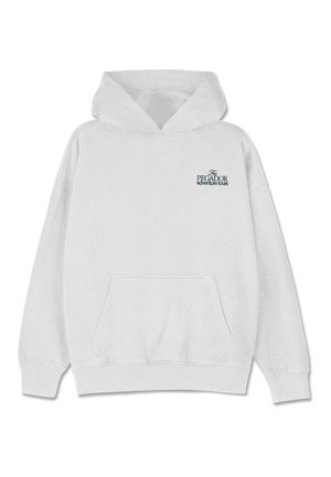 Balts kokvilnas hoody ar lielu priekšējo kabatu, ribotām piedurknēm un apakšmalu. Uz kreisās puses ir zaļš teksts: "The Peñador Adventure Tours".