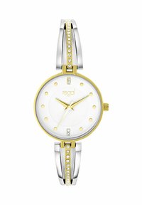 Gold- und silberfarbene Uhr mit einem runden weißen Zifferblatt, Kristallakzenten und einem glatten Armband, das eine Reihe von eingelassenen Steinen aufweist.