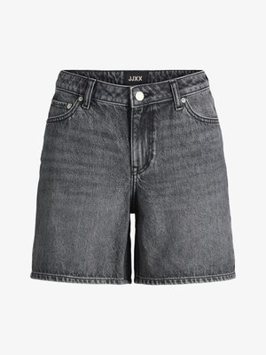 Short en denim noir délavé avec bouton à l'avant, passants pour ceinture, poches avant et une étiquette JXX sur la ceinture.
