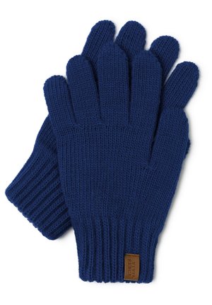 Blue knitted gloves with five fingers, ribbed wrist cuff, and a brown label accent. Soft texture and snug fit for warmth.