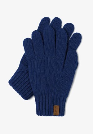 Sinivihreät neulehansikkaat, joissa on viisi sormea, ribbineulottu rannetuki ja ruskea tarralogot. Pehmeä rakenne ja tiukka istuvuus pitävät kädet lämpiminä.