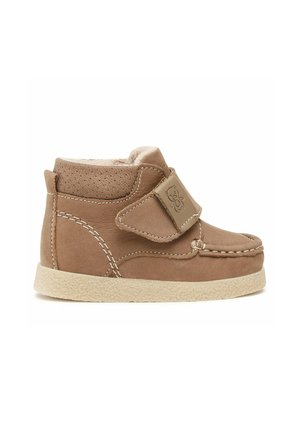 Bruine peuterlaars met beige zool, klittenbandriem met een teddybeer en zachte binnenvoering, ontworpen voor warmte en comfort.