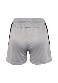 Grå träningsshorts av andningsbart tyg, med mjuk textur, elastisk midja och svarta sidodetaljer.