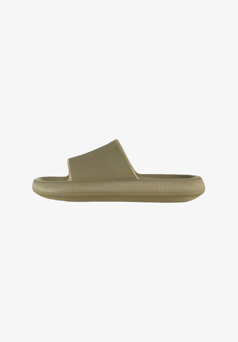 Beige schuifsandaal met een textuur bovenwerk en een gevoerde zool. Heeft een brede band en een makkelijk aan te trekken ontwerp. Lichtgewicht en minimalistische stijl.