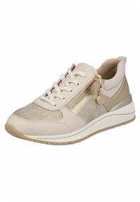 Beige Sneaker mit einem Mesh-Vorderteil, metallischen goldenen Akzenten, dekorativem seitlichem Reißverschluss und einer weißen Sohle mit strukturiertem Gummiprofil.