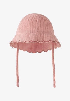 Pehme roosa beebide päikesehatiga, tekstureeritud kangas, sakiline eave ääre ja pikad lõua paelad kindlaks sobivuseks.