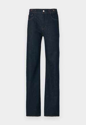 Dark blue denim trousers with a straight fit, featuring a button closure, belt loops, and contrasting stitching. Classic five-pocket design.