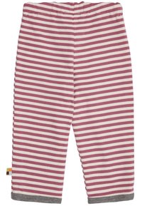 Leggings in cotone a righe rosa e bianche con una texture morbida, caratterizzati da un polsino grigio alle caviglie e da una vita elasticizzata.