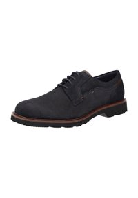 Chaussure de costume en daim bleu marine pour homme, à lacets, avec une semelle en cuir marron et une semelle extérieure en caoutchouc noir texturé, vue de côté.