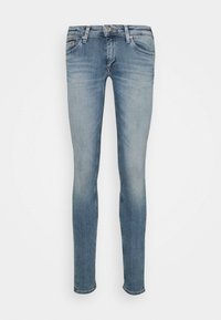 Úzké džíny v světle modrém denimu, s hladkou texturou, pěti kapsami, jemným vyblednutím a zapínáním na knoflík a zip.