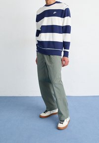 Marinblå och vit randig sweatshirt med rund halsringning, kombinerad med lösa ljusgröna byxor och vita sneakers med bruna sulor.