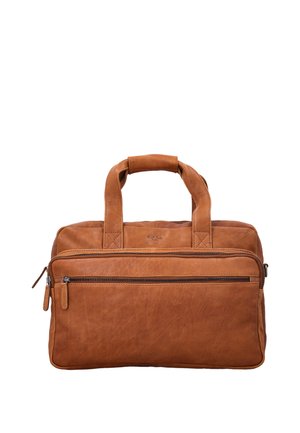Bruine leren aktetas met dubbele handvatten en voorvak met ritssluiting, ontworpen voor het dragen van documenten en persoonlijke spullen.