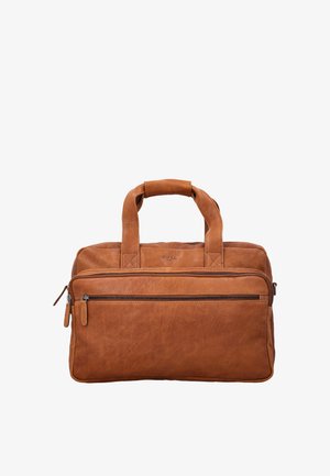 Bruine leren aktetas met dubbele handvatten en voorvak met ritssluiting, ontworpen voor het dragen van documenten en persoonlijke spullen.